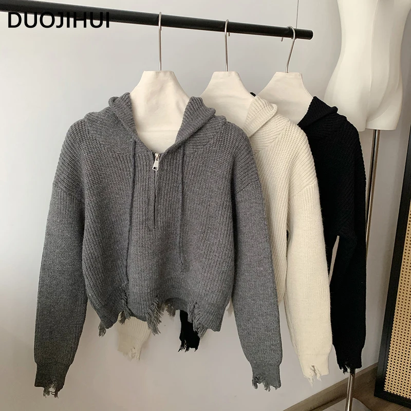 DUOJIHUI Chic Zipper Hooded Drawstring Sweater Women Pullover New Hollow Out Pure Color Fashion Simple 4-colors Female Pullover