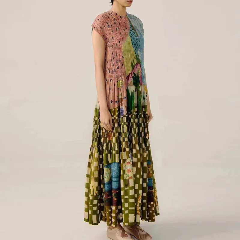 Długa sukienka damska z okrągłym dekoltem i plisowanym dołem, wzór wiosenny 2025, sukienka vintage na przyjęcie, damska sukienka maxi boho z krótkim rękawem i luźnym krojem.