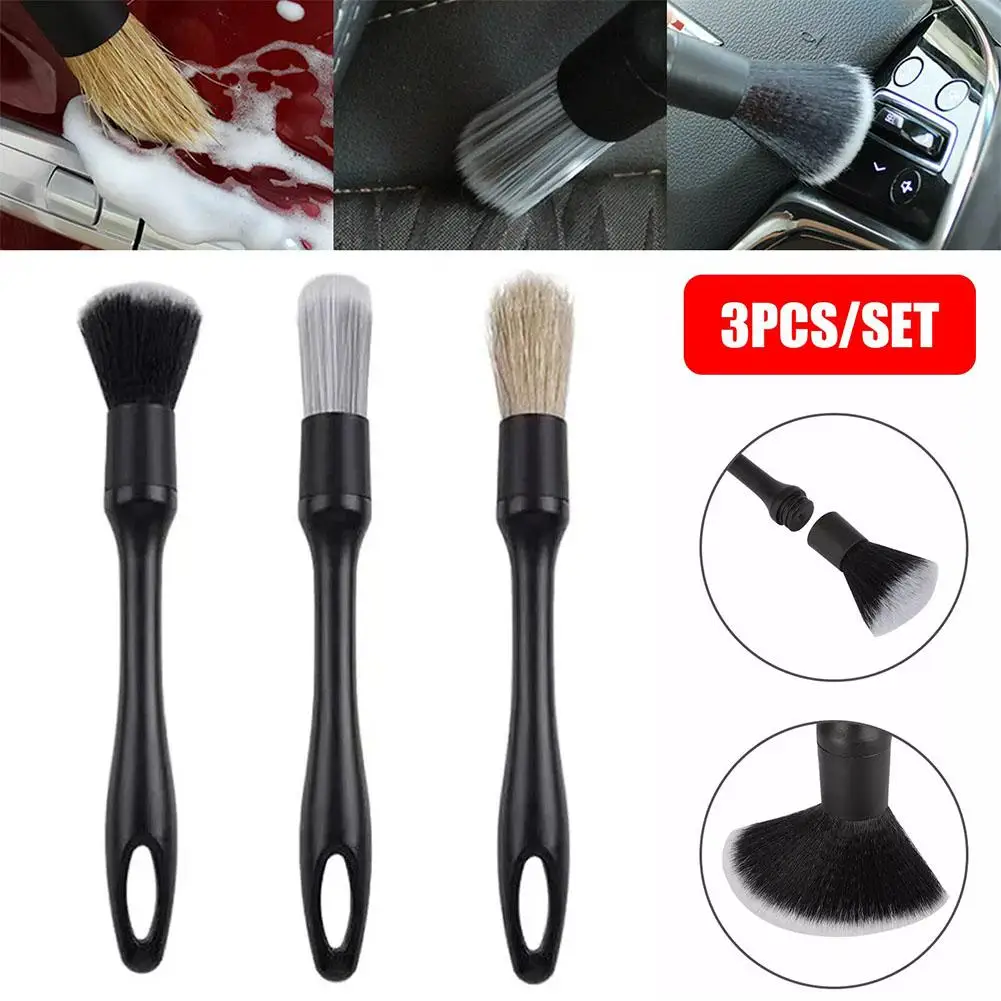 3pcs Car Detailing Brushes Set Soft Auto Detailing Brush Kit Interchangeable Different Sized Car Detail Cleaning Tool Reusable