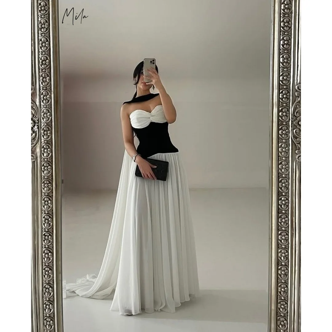 

Mila Black White Strapless Ruched Halter Cape Prom Dresses Pleated Maxi Gown Customized Formal Evening Elegant vestidos dela