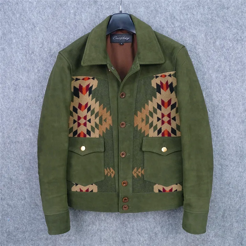 

Italian suede sheepskin leather jacket men's splicing Navajo totem woolen lapel slim casual leather jacket