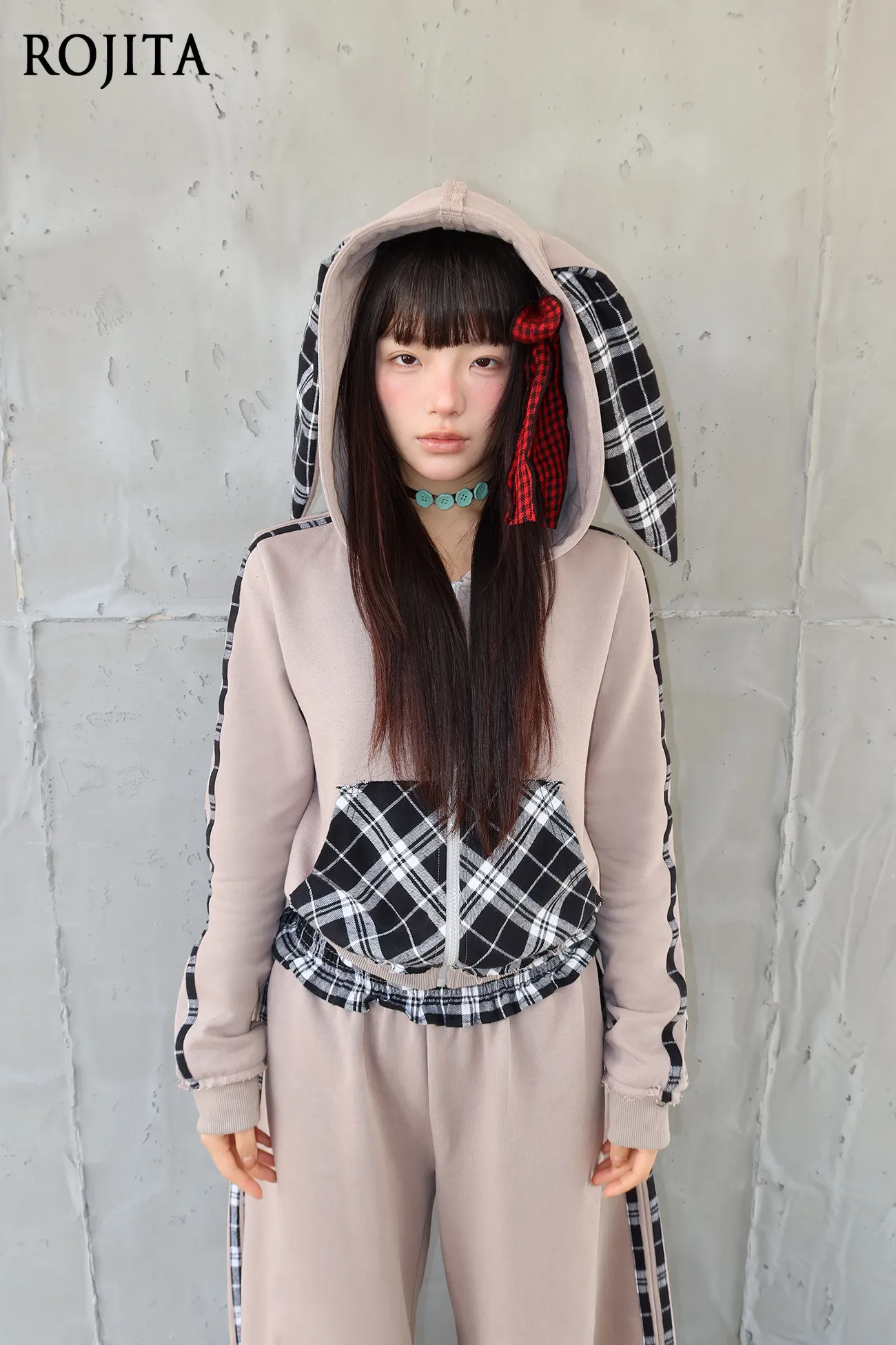 Gray Plaid Patchwork Tracksuit Long Sleeve Cropped Hoodie High Waist Long Pants Casual Set Rabbit Ear Hooded Sweatshirt