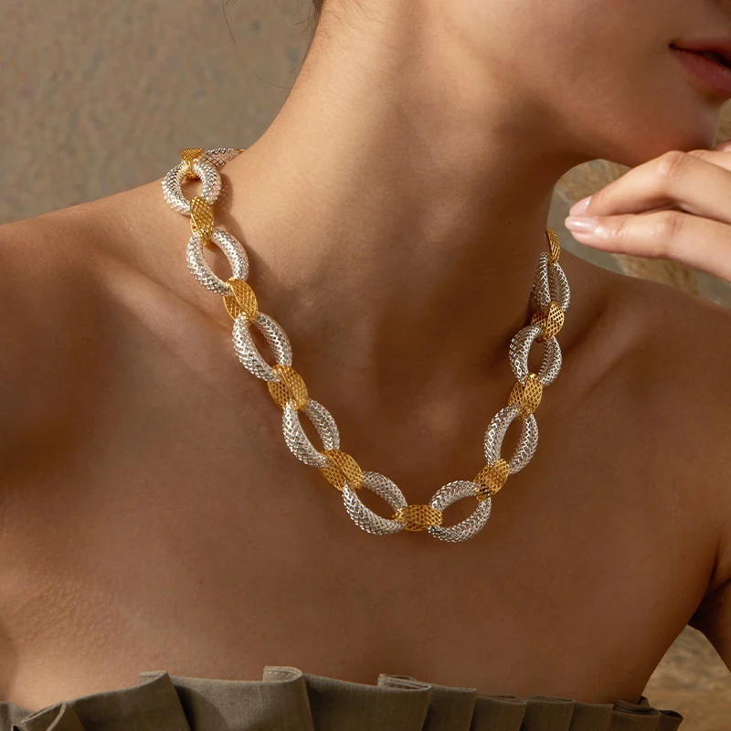 

Exquisit Two-tone Link Chain Necklace Light Luxury Korean 3D Print Hollow CZ Deco Collar Necklace Fashion Choker Jewelry Women