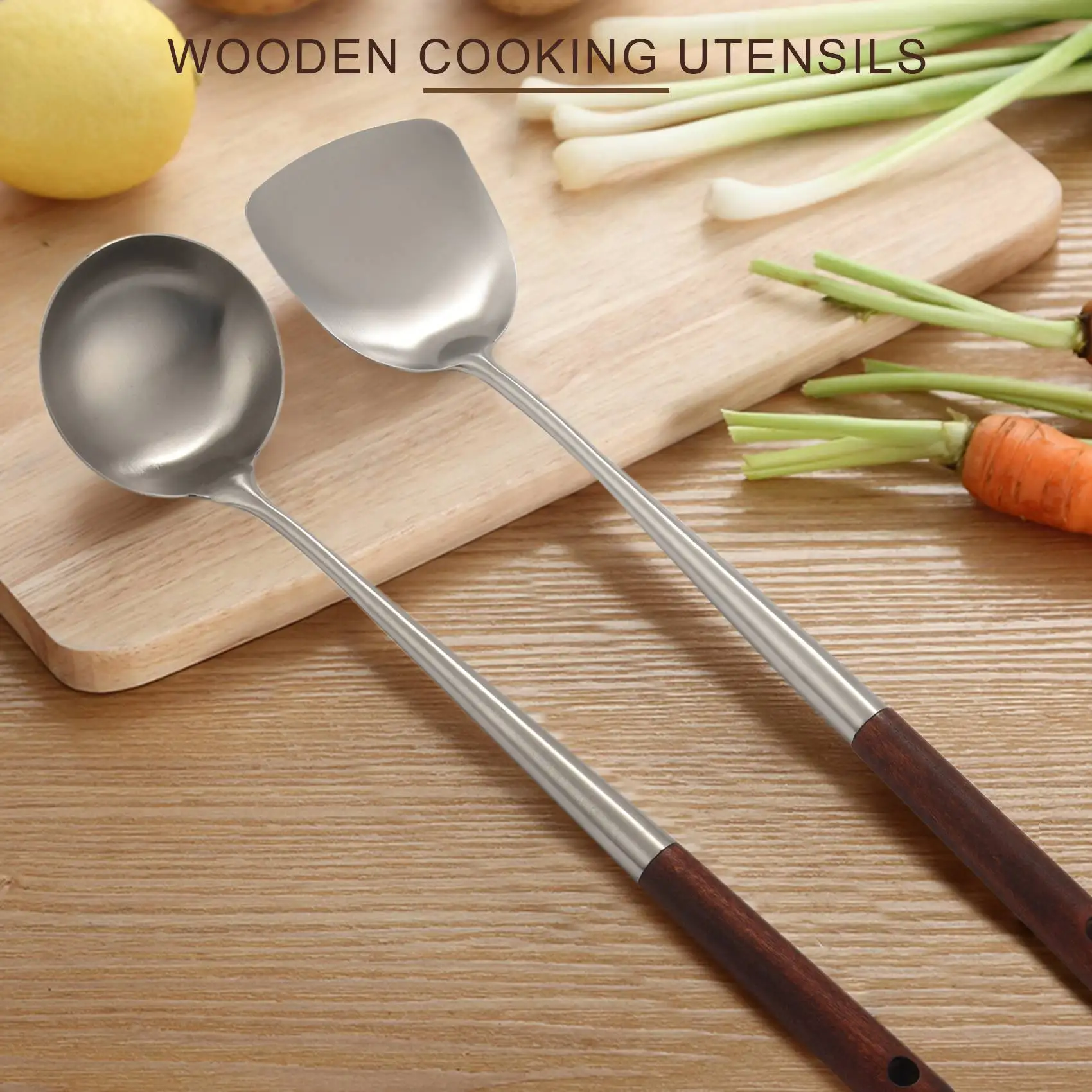 Wokspatel en pollepelgereedschapset, 17-inch spatel voor wok, roestvrijstalen wokspatel