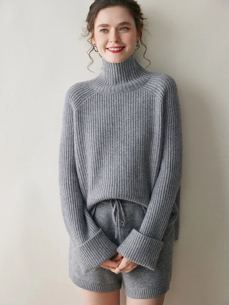 

Autumn Winter New 100% Pure Cashmere Knitted Pullover Sweater Women's Turtle Neck Thick Soild Flare Sleeve Sweater Intellectual