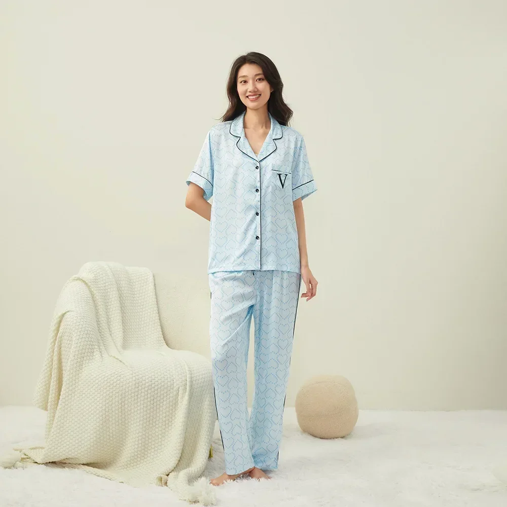 Secret big love print women's pajamas, short-sleeved trousers, ice silk loungewear, two-piece set