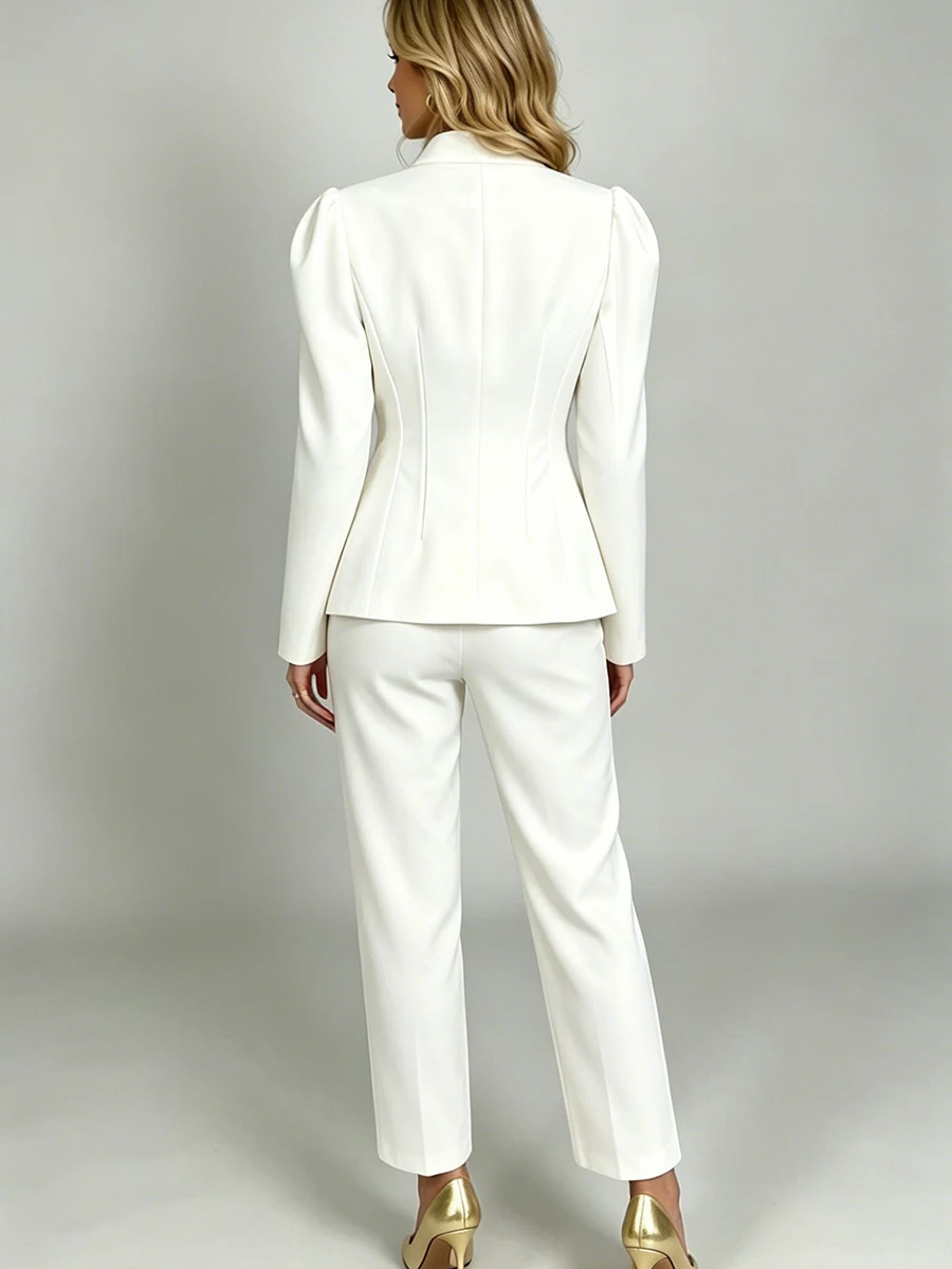 LIMO Women White Two Piece Suit V Neck Gold Button Slim Blazer Straight Ankle Pants Puff Shoulder Elegant