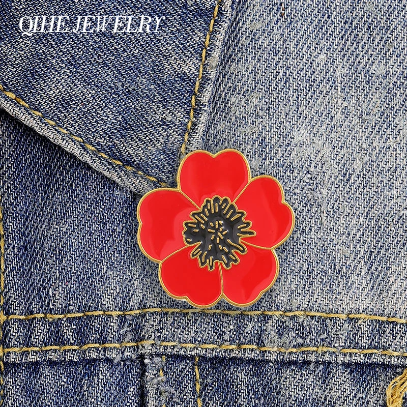 Memorial Day Enameled Red Flower Brooch Pins Veterans Day Flower Enamel Lapel Badge Accessories Fashion Jewelry Souvenir Badge