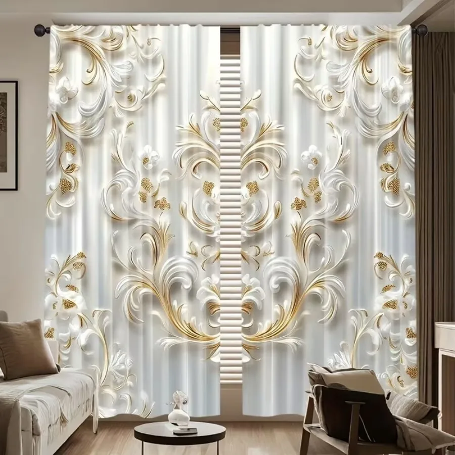 2 PCS Golden Flower Curtains, Luxury Elegant Style Window Drapes for Living Room Bedroom Home Decor Polyester Rod Pocket Design