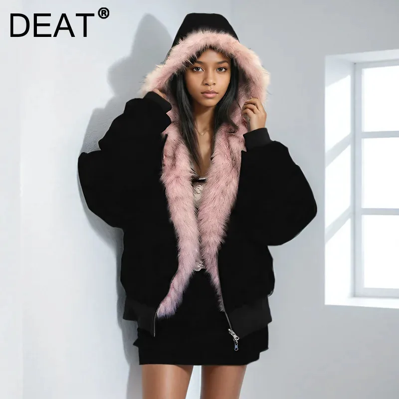 DEAT Fashion Women's Spliced Fur Design Hooded Coat 2024 Winter New Zipper Zipper Long Sleeves Jacket Female Trendy 33A2199