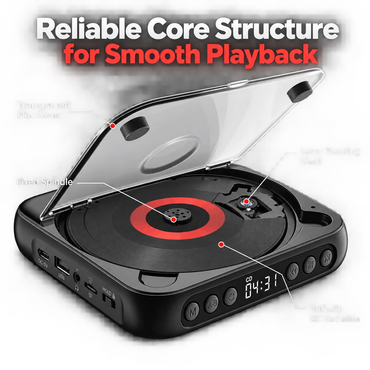 Portable CD Player BT Music Player CD Runner Dustproof Cover 6 Modes A-B Repeat Timer Remote Control External Playback