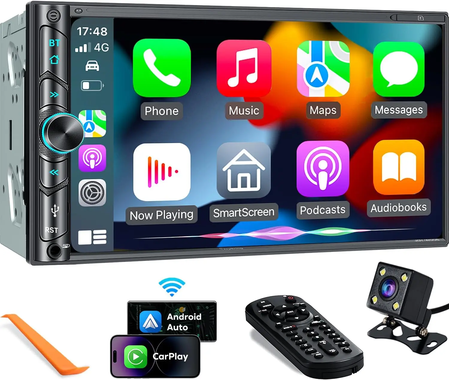 Wireless Car Stereo with CarPlay & Android Auto, 7" Touchscreen, Bluetooth, Backup Camera, High Power Audio