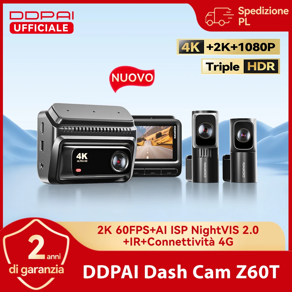 Ddpai Z60T Dash Cam A 3 Canali Hdr, Anteriore 4K, Posteriore 2K, Interno 1080P, Visione Notturna, Adas, Gps, Wifi 6, Monitoraggio Parcheggio 24H, Dvr Per Auto-image