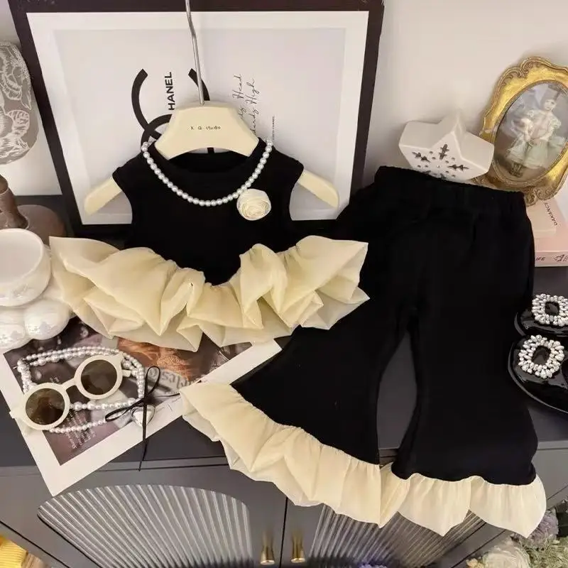 

Korean Style Princess Kids Clothing Suits 2-9YrsGirls Clothes Set Summer 2025 Sleeveless Flower T-Shirt Tops+Pants Fashion