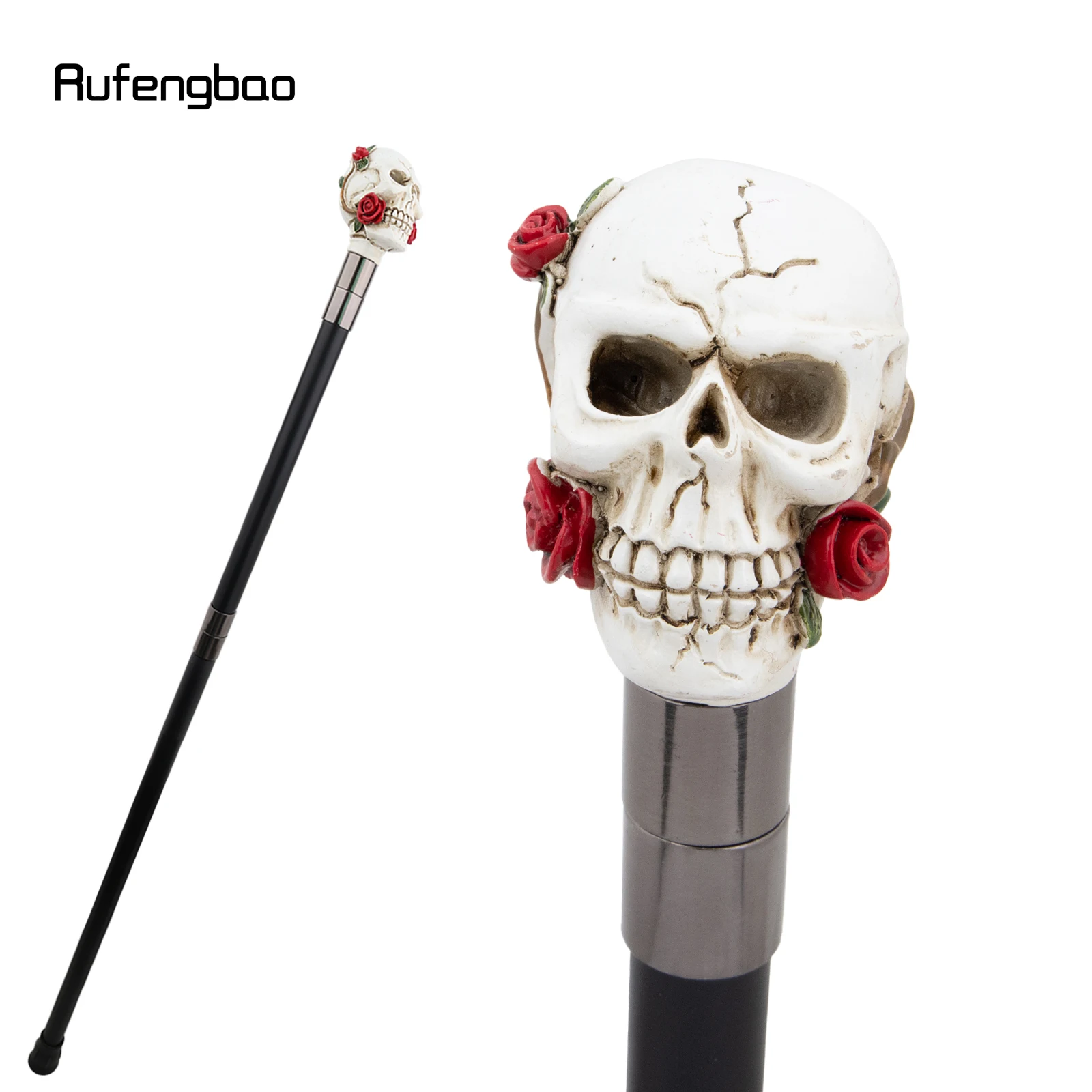 

White Resin Red Rose Flower Skull Cane Halloween Mace Wand Crosier Performance Stage Cane 93cm Performance Stage Cane