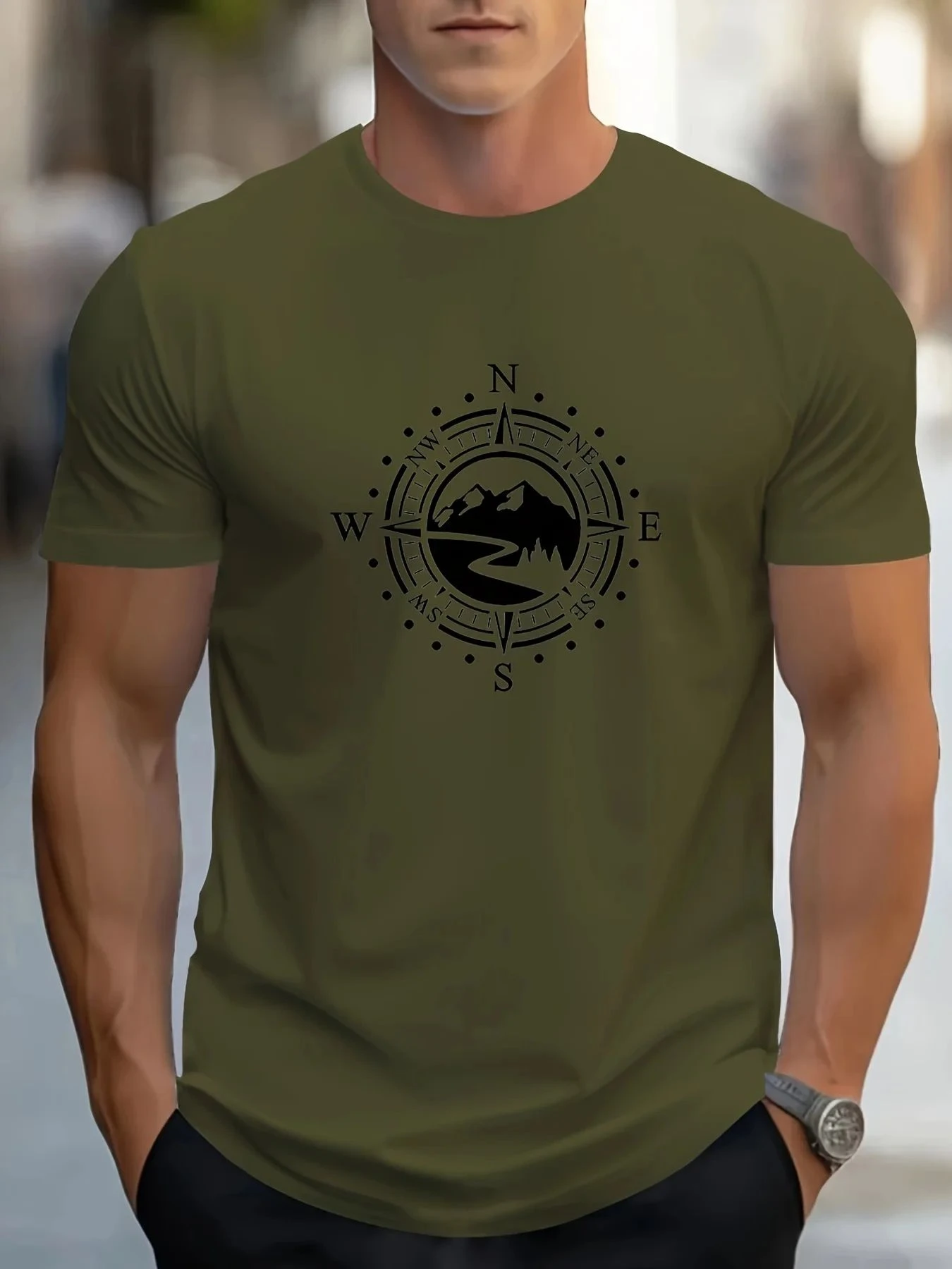 European and American men's summer compass mountain print micro elastic breathable round neck T-shirt outdoor casual top
