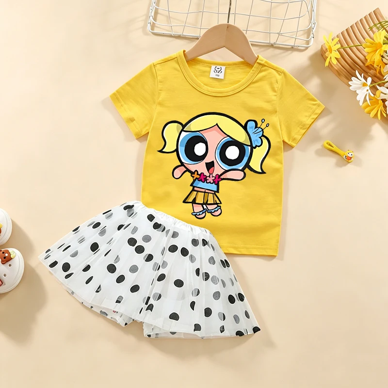 The Powerpuffs Girls T-shirt Skirt Set Kids Cute Tees Yarn Skirts Children Summer Tops Kilt Short Sleeves Fashion Clothes Gift