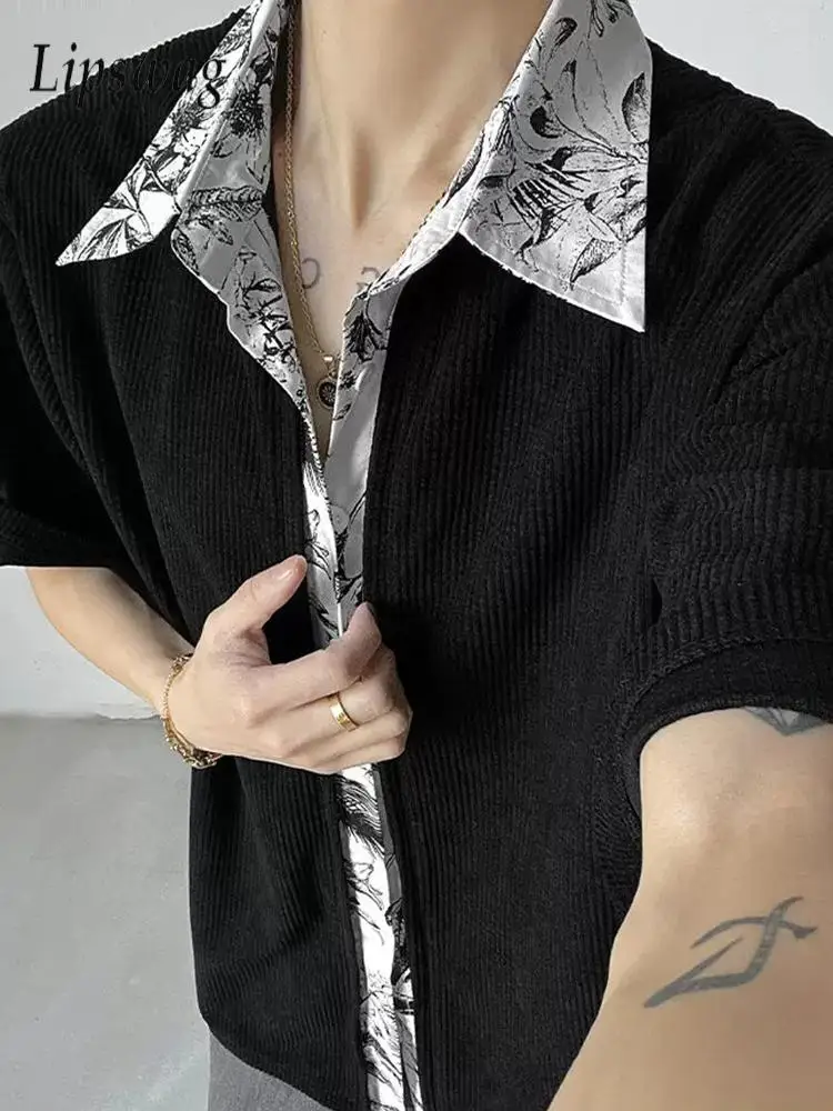 

Streetwear Mens Casual Slim Shirt Tops Summer Trendy Florals Print Patchwork Texture Shirts Men Fashion Short Sleeve Lapel Shirt