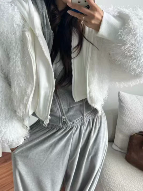 

Winter Thiened Fluffy Women's Jaet 2025 New Korean Sle Zipper Design Warm ort Coat with Hood Faionable Outerwear