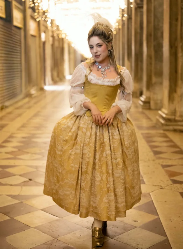 Vestido de Fiesta de Gala Estilo Corset con Cordones y Manga Larga, Color Blanco Dorado, Inspirado en el Siglo XVIII, para Baile de Graduación o Carnaval