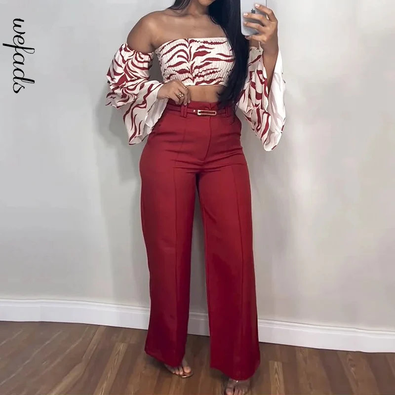 

Wefads Autumn 2 Piece Set Women Fashion Printed Off Shoulder Strapless Flare Long Sleeve Top Loose Straight Pants Sets No Belt