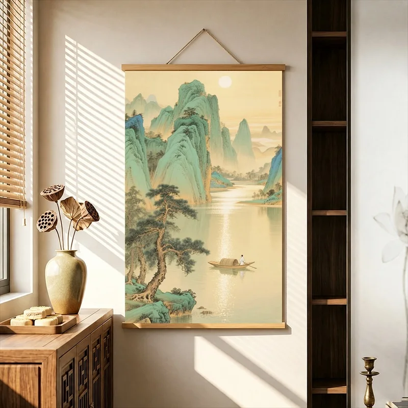 Wall Decorations Jade Mountains and Ancient Pine Landscapes, Oriental Vintage Pearlescent Canvas Hanging Scroll for Japanese Inn