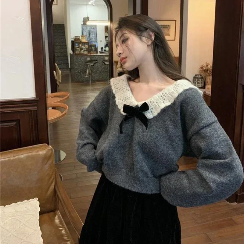 HOUZHOU Korean Style Sweaters Women Elegant Sweet Bow Knited Pullover Grey Kawaii Vintage Patchwork Solid Autumn Winter Sweaters