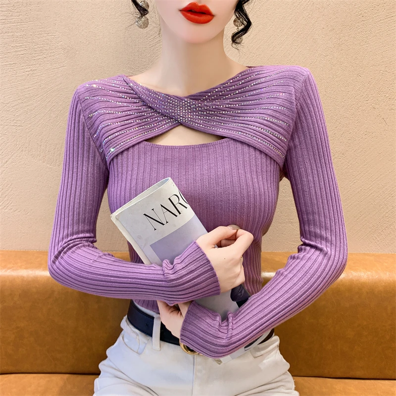 

Chic Hollow out Rhinestone Base Shirt Sweater Women's Stylish Slim Fit Knitted Top Trendy Commute Style Long Sleeve Crew Neck