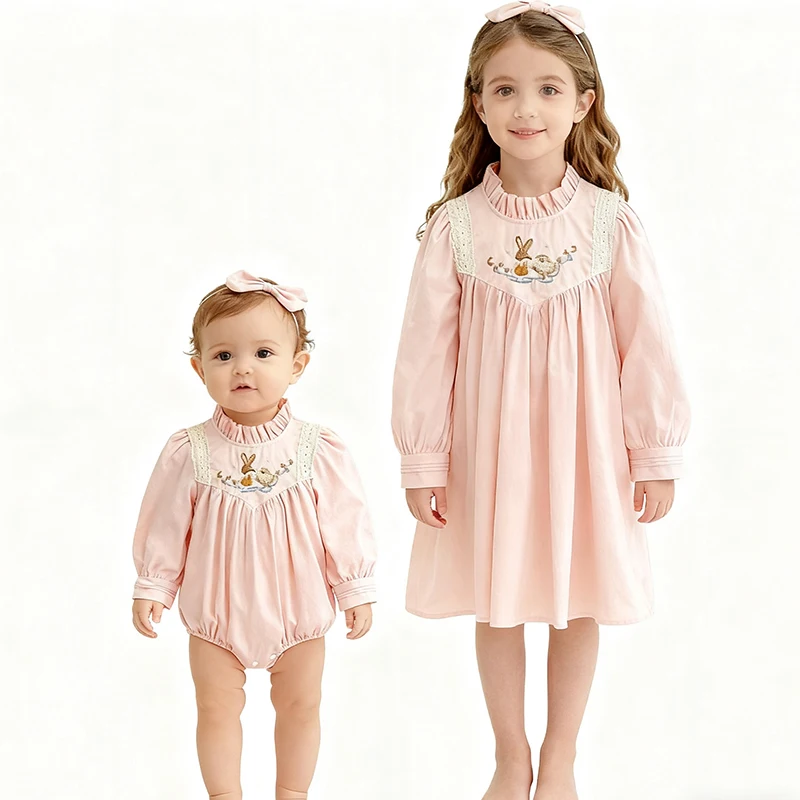 

2025 New Autumn Sister Dress 2-7Yrs Girl Party Dress Long Sleeved Cotton Embroidery Kids Princess Dresses Baby Girl Romper