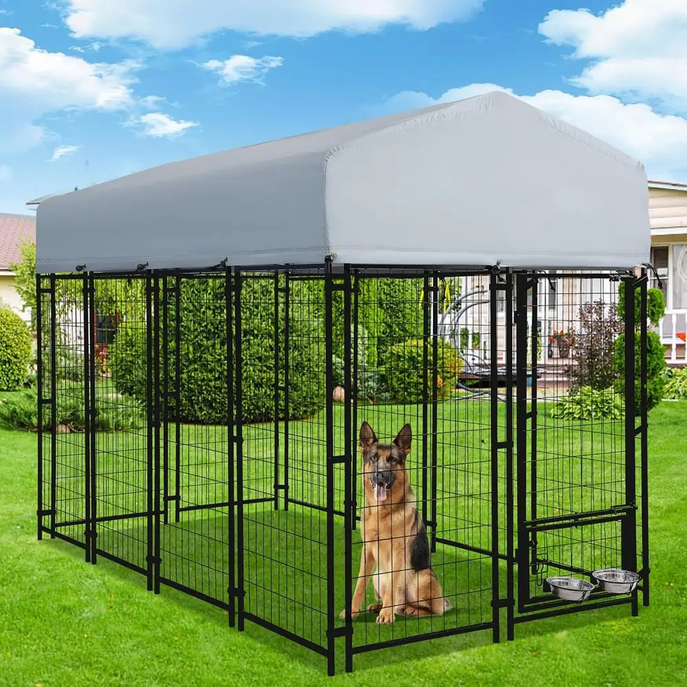 Heavy-Duty 8x4x5.7ft Steel Dog Kennel with Roof, Playpen, 2 Bowls, Secure Lock for Large Dogs, Black