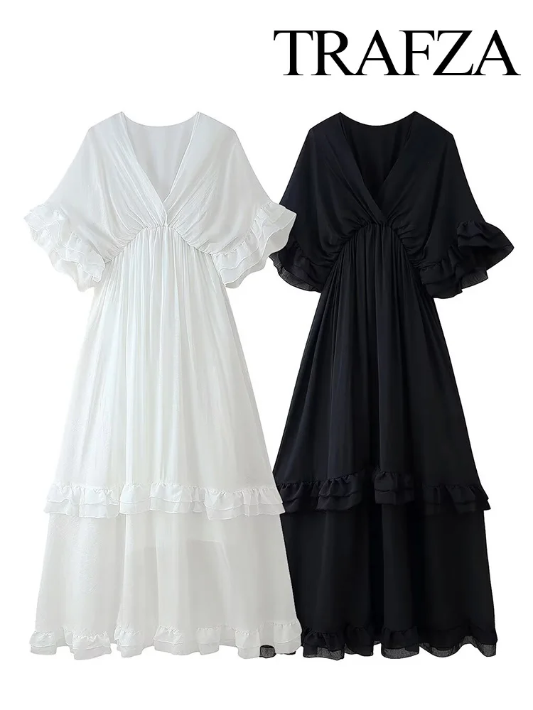 TRAFZA Summer Women's Fashion Solid V-neck Midi Short Sleeve Long Dress Female Casual Ruffle Edge Pleated Sexy Waist Dress