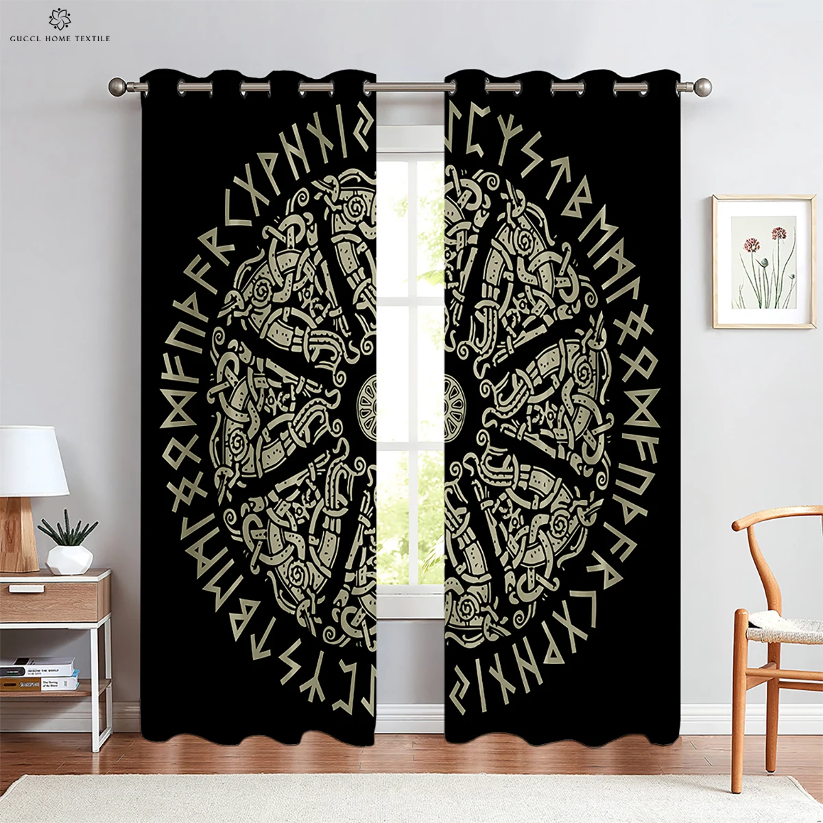 Geometric Rune Shield Constellation Printed Curtains, Black Curtains, Living Room, Outdoor, Bedroom, Kitchen, Window, 2Pcs