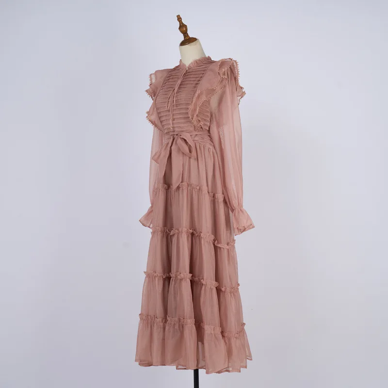 Vestido longo com saia rodada, gola de renda, bainha em camadas, estilo e de bolo, 6 cores, aosfera de conto de fada...