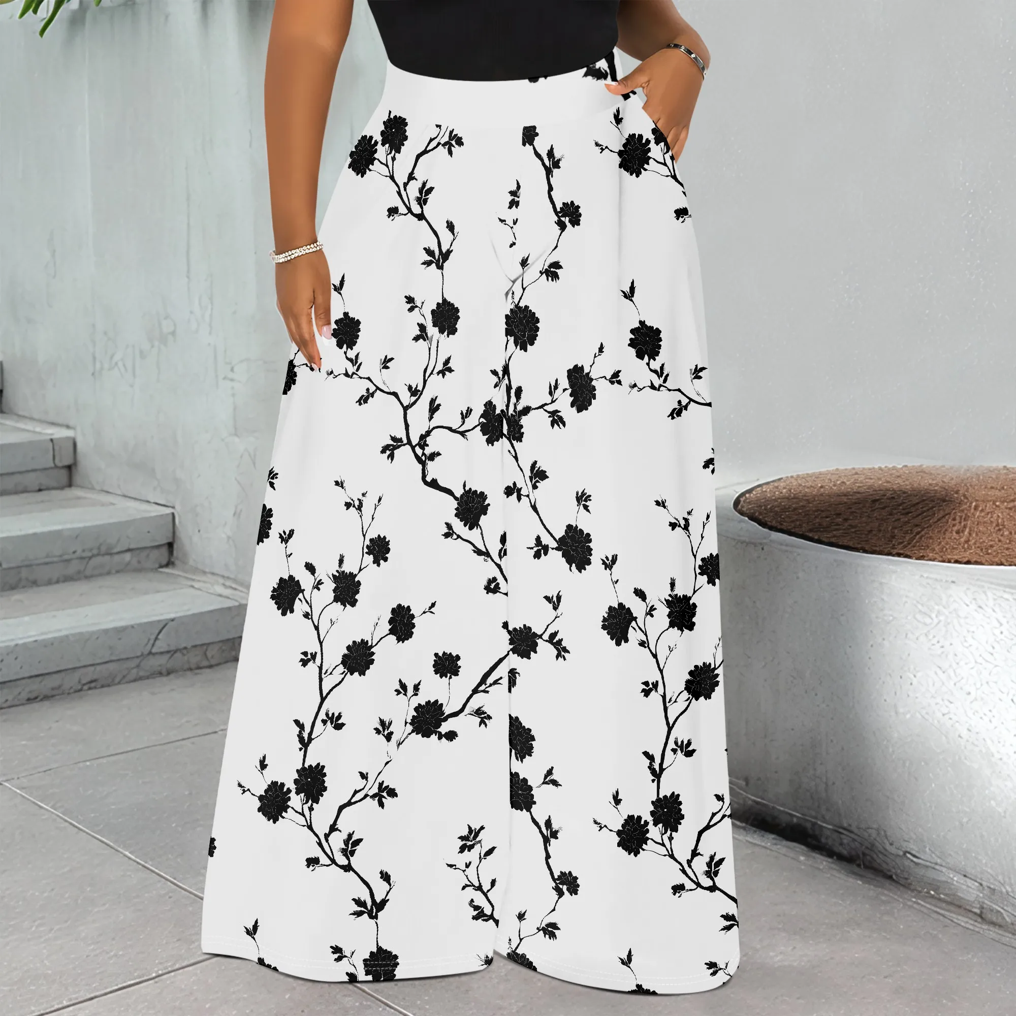 

Floral Print Pocket Pants, Black Flower Wide Leg Trousers, White Casual Bottoms for Women, Summer Beach Wear, S-3XL