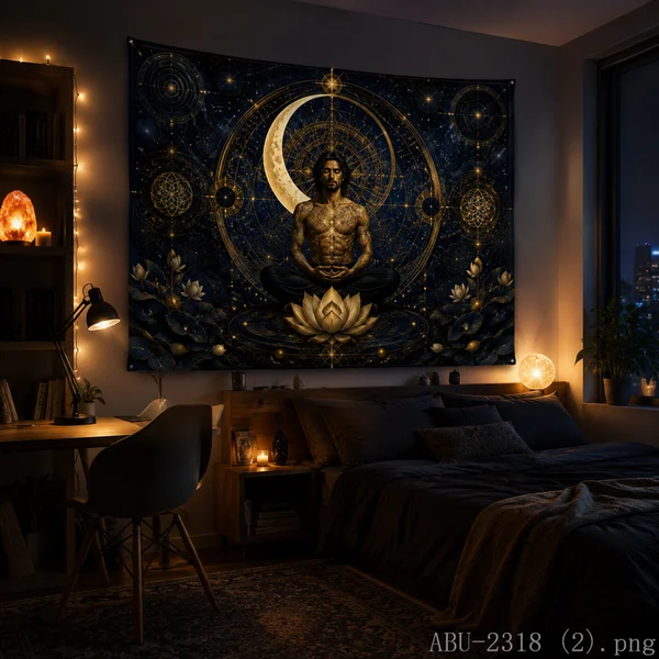 VIKAMA Crescent Moon Lotus Meditation Man Tapestry Starry Constellation Wall Hanging Spiritual Yoga Studio Aesthetic Decor