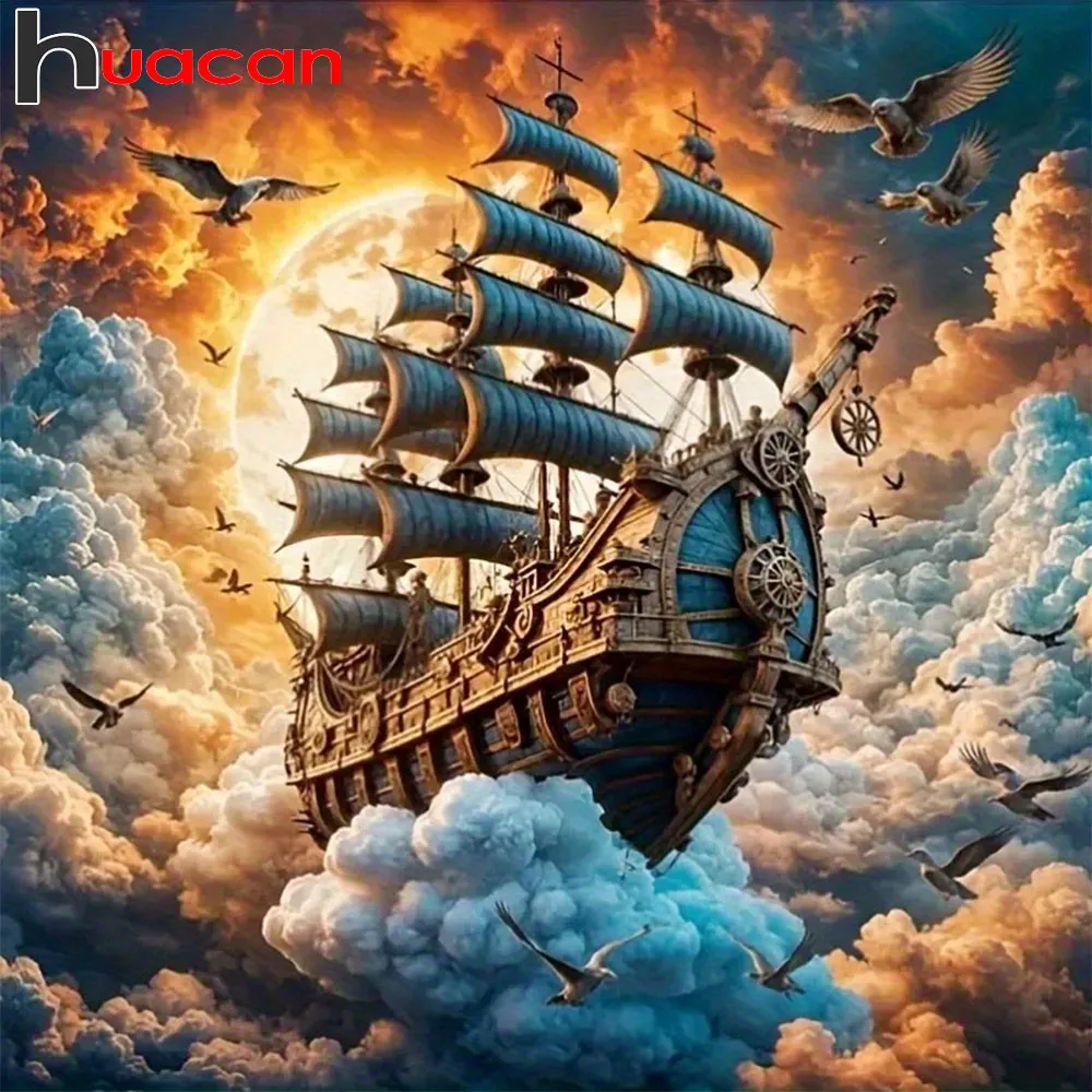 Huacan Vollquadrat Runde Diamant-Malerei Mond Segelboot Diamant-Stickerei Landschaftskunst Wanddekoration Handgemachtes Geschenk