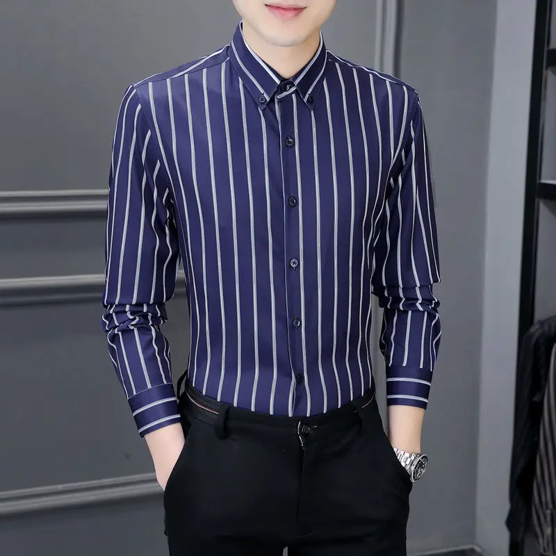Spring Autumn New Fashion Turn-down Collar Long Sleeve Striped Blouse Men\'s Clothing Casual All-match Korean Trend Chic Shirts