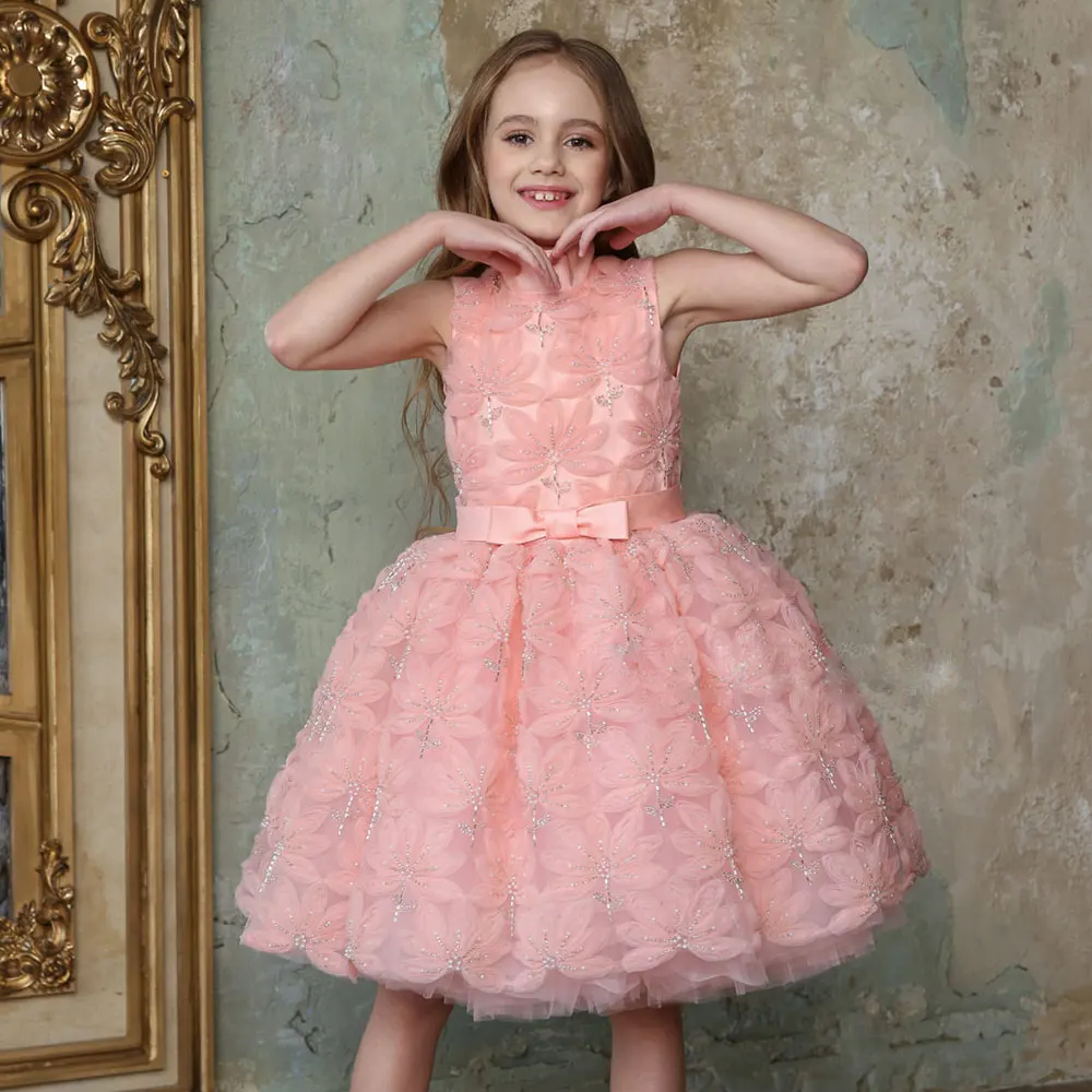 Jill Wish Luxury Pink Girl Dress Beading Flowers Dubai Kids Blue Princess Birthday Wedding Party First Communion Gown 2024 J130