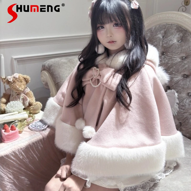 아름다운 로지타 Y2K 판초 대량 생산 20% 울 플리스 안감 만화 귀 케이프 코트 가을 따뜻하고 부드럽고 편안한 여성용 망토