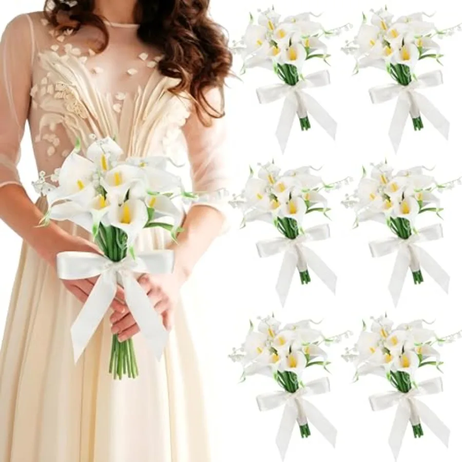 

Artificial Bridesmaid Bouquets Set of 6 Calla Lily Wedding Bouquet Pre-Tied Ivory White Artificial Lily Flowers Bridal Bouquets