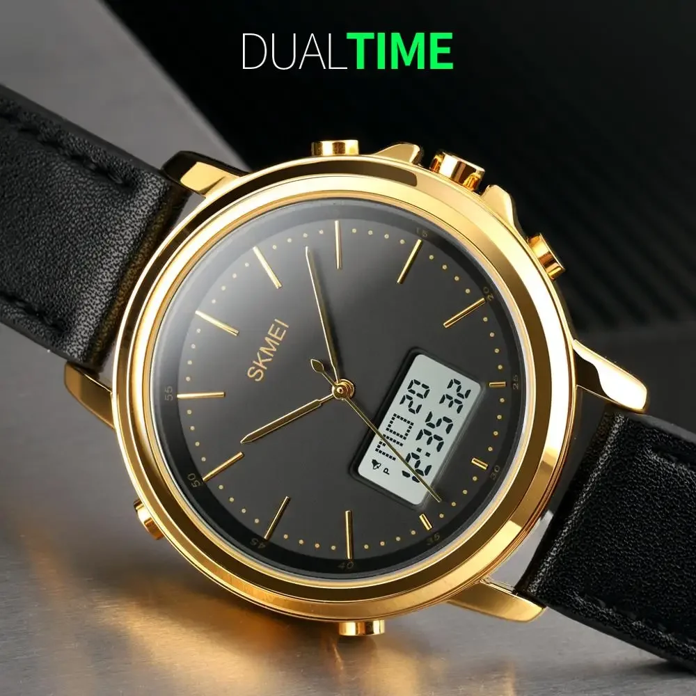 Skmei Men Chrono Alarm Digital Mens Wristwatch Leather Strap Waterproof Watch Reloj Hombre Dual Display Casual Watches 1652
