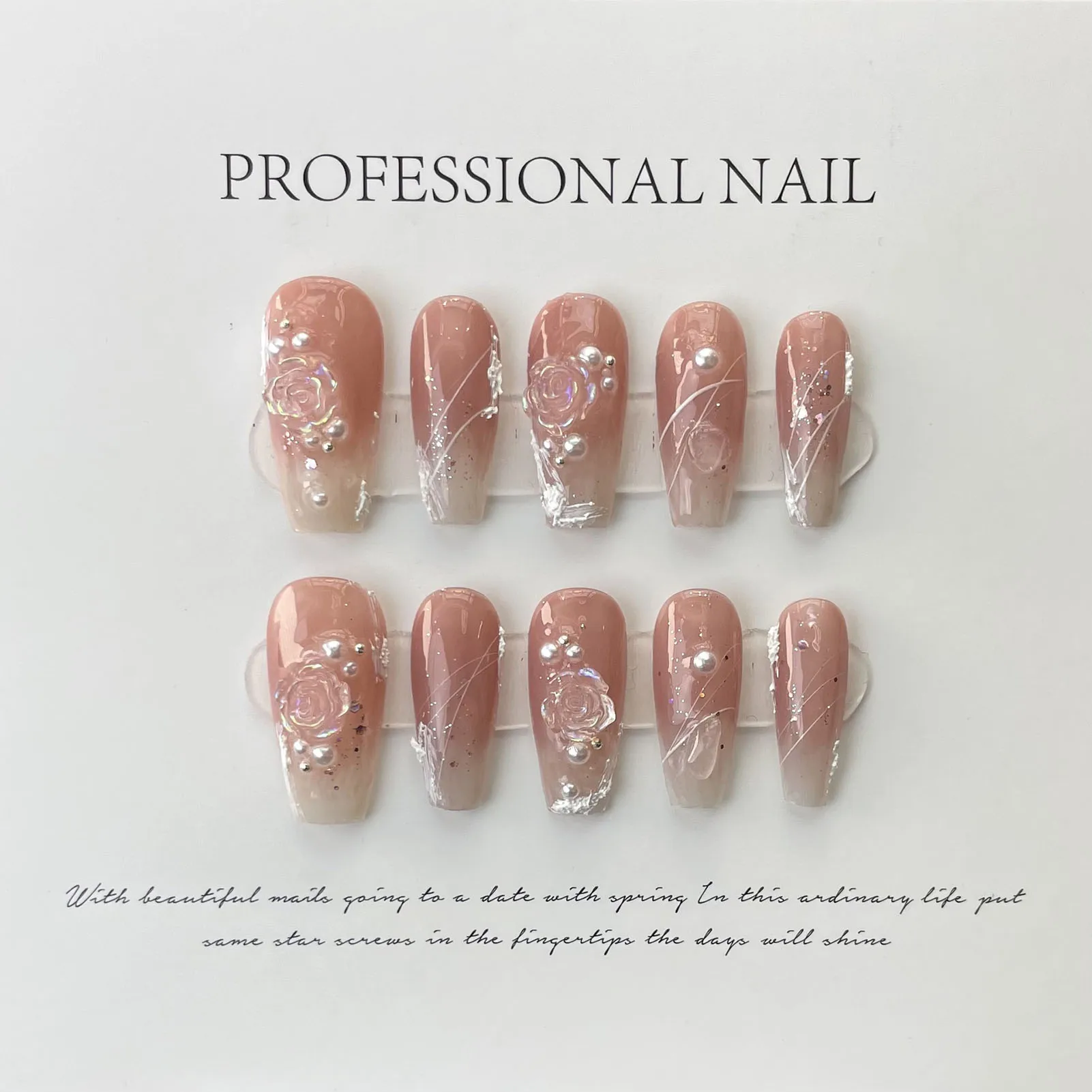 10pcs Handmade Pink Gradient Coffin Fake Nails Press On Acyrlic Nails Aurora Crystal Flowers Decor Ballet False Nails Wearable