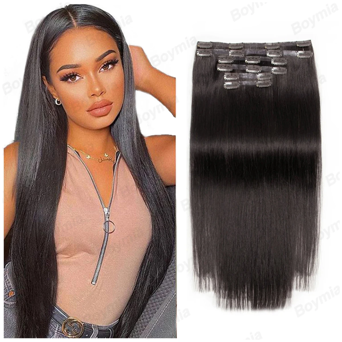 بو سلس كليب في شعر مستعار بشري جلد مسطح لحمة كليب في ملحقات آلة ريمي الطبيعية 6 قطعة 12-24 بوصة 120 جرام كليب Ins #6