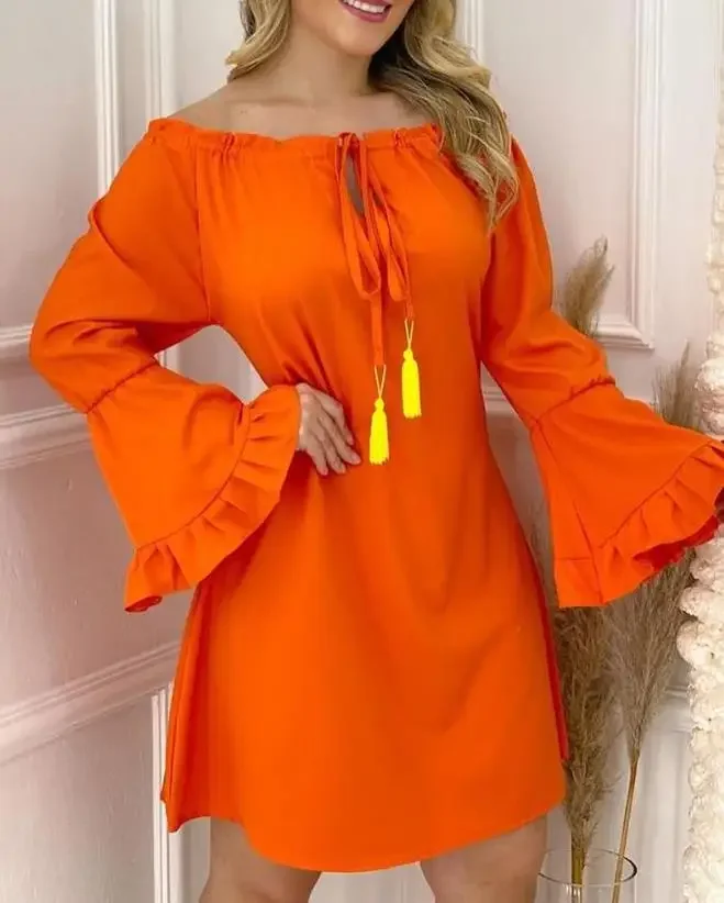 

CPSYM женские платья, весеннее платье с открытыми плечами и кисточками, повседневное однотонное повседневное мини-платье трапециевидной формы с длинными рукавами