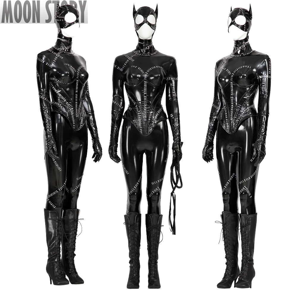 Catsuit de carnaval d'Halloween en cuir noir pour femme, costume de cosplay de chauve-souris, combinaison de dame de chat sexy, fouet de masque, retour adulte