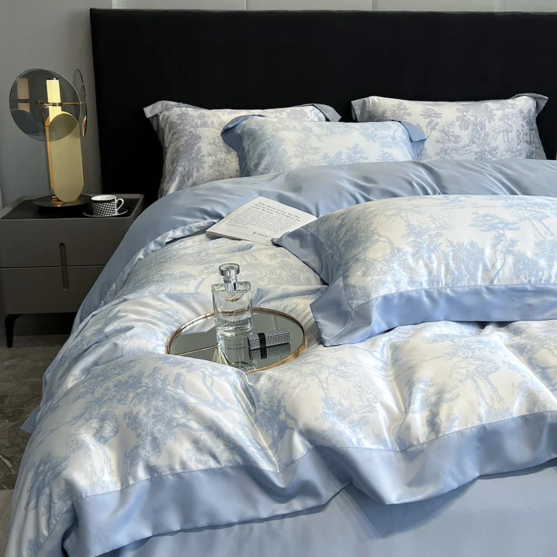 Summer ice silk four-piece set, washed silk quilt cover, bed sheet three-piece set, light luxury silk smooth naked bed