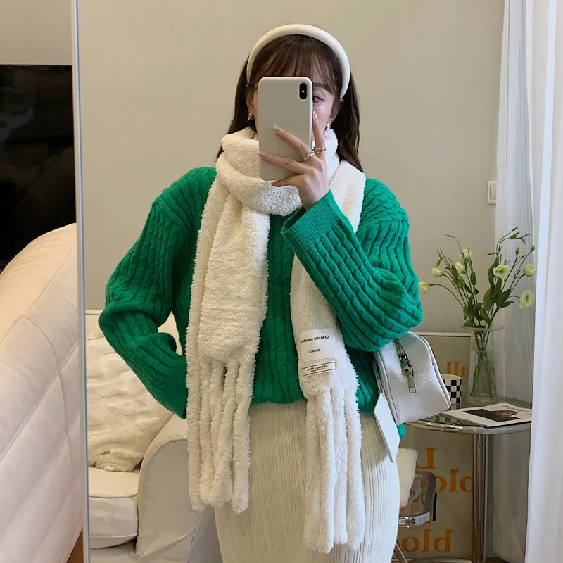 Autumn and Winter 2022 New Lamb Plush Women's Scarf Double sided Fleece Thickened Warmth Wrapped with Cold proof Tassel Scarf