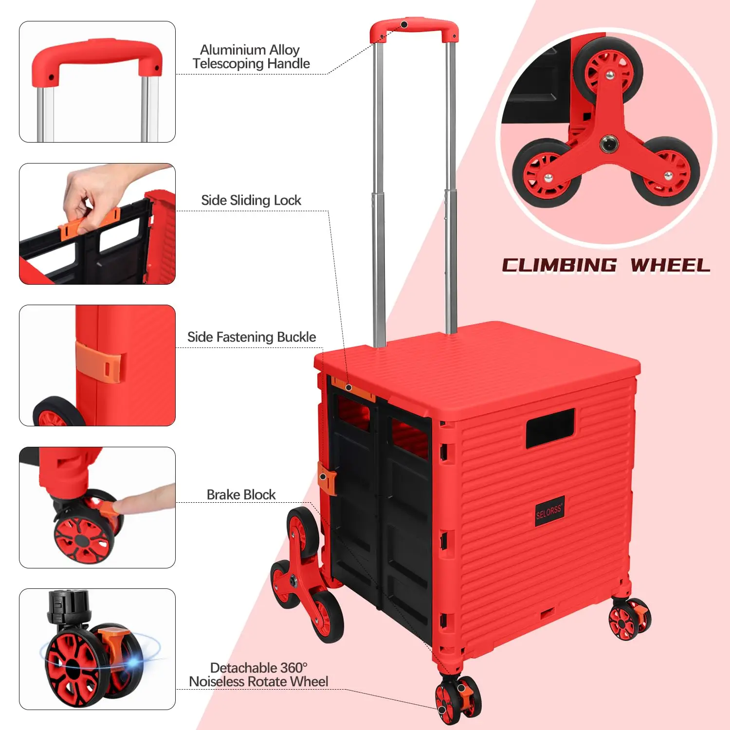 SELORSS Foldable Utility Cart with Stair Climbing Wheels Rolling and Lid Wear-Resistant 360°Rotate Wheel Noiseless for shopping