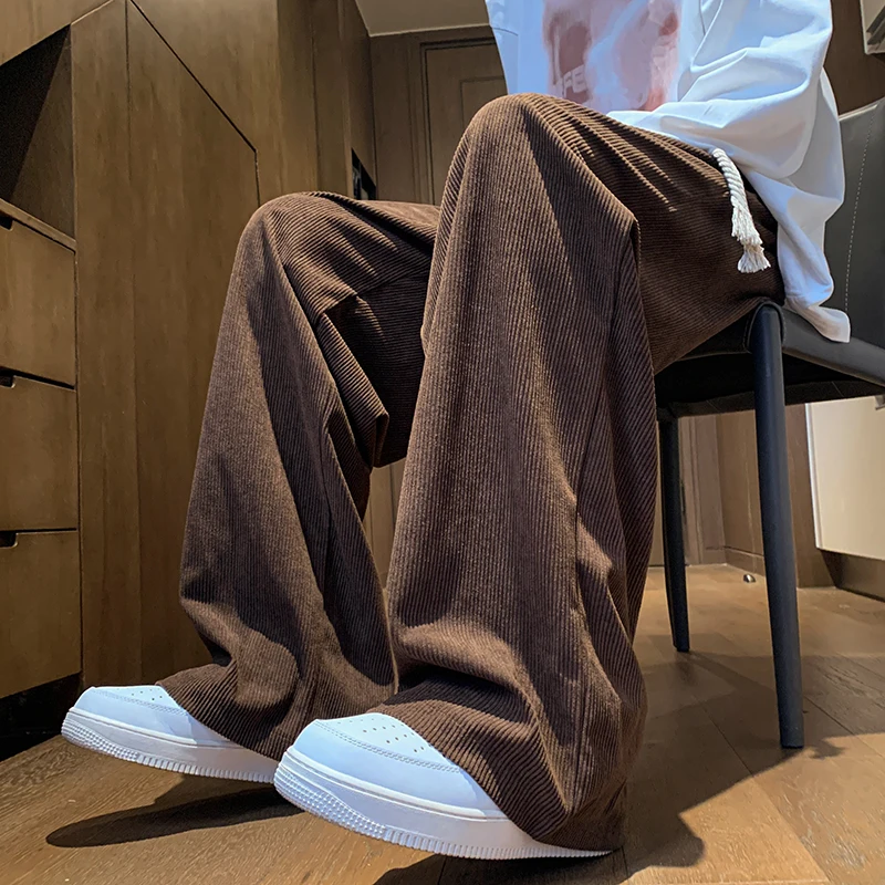 

Men's Corduroy Straight Leg Pants Solid Color High Waist Elastic Drawstring Trousers Flowy Dragging Hem Lounge Pants Men M-8XL