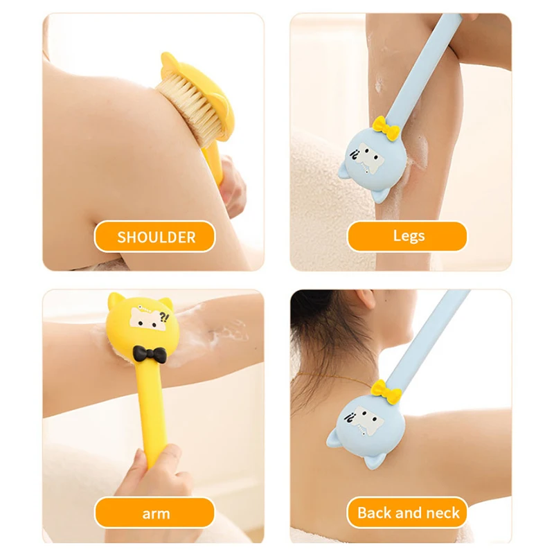 Cepillo de baño de mango largo de dibujos animados, masajeador exfoliante corporal suave, depurador de ducha, cepillo de limpieza corporal, accesorios de baño exfoliantes